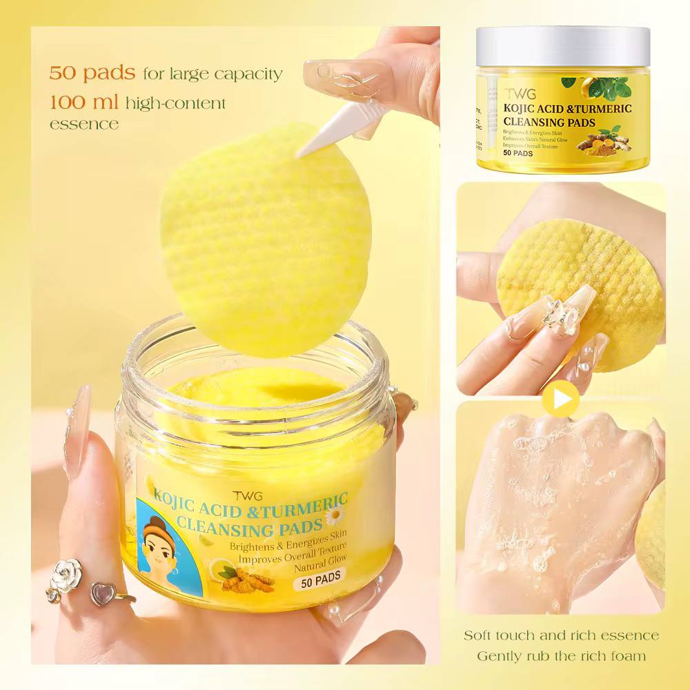 TWS Lot de 50 tampons nettoyants naturels et biologiques à l'acide kojique, au curcuma, tampons nettoyants pour le visage – Image 2