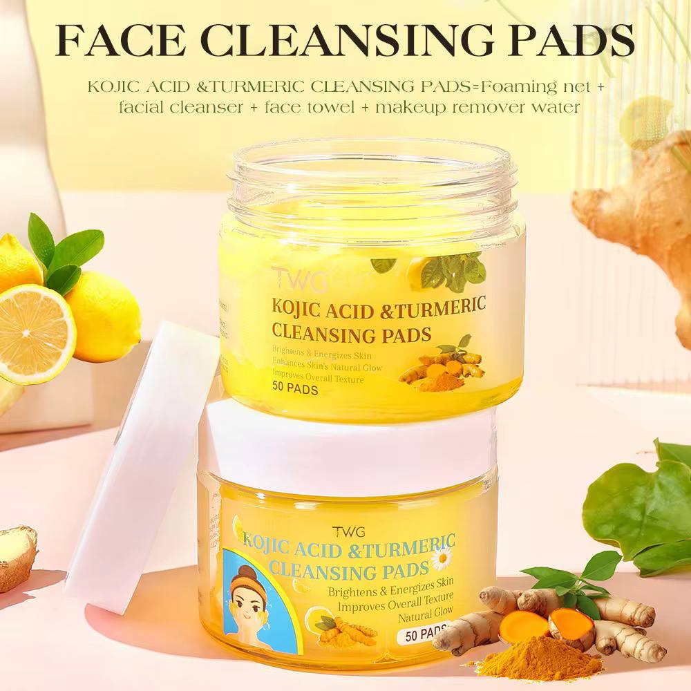 TWS Lot de 50 tampons nettoyants naturels et biologiques à l'acide kojique, au curcuma, tampons nettoyants pour le visage – Image 6