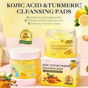 TWS Lot de 50 tampons nettoyants naturels et biologiques à l'acide kojique, au curcuma, tampons nettoyants pour le visage