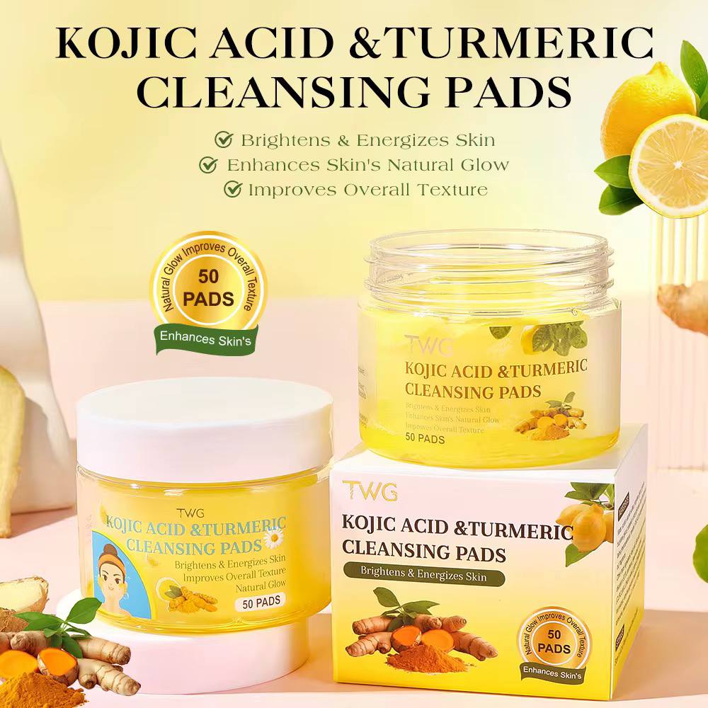 TWS Lot de 50 tampons nettoyants naturels et biologiques à l'acide kojique, au curcuma, tampons nettoyants pour le visage