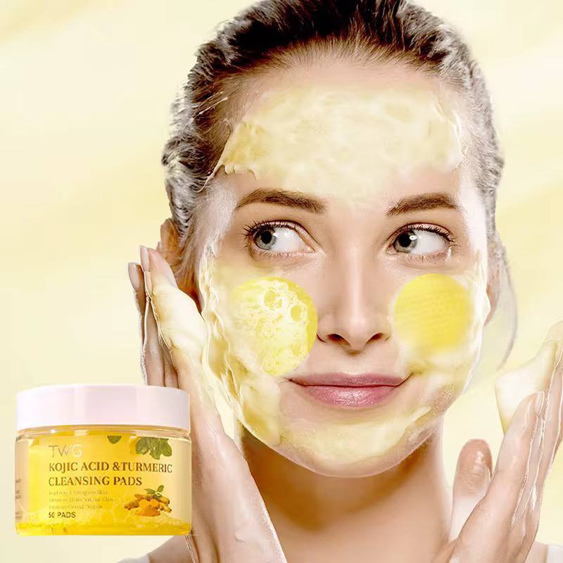 TWS Lot de 50 tampons nettoyants naturels et biologiques à l'acide kojique, au curcuma, tampons nettoyants pour le visage – Image 3